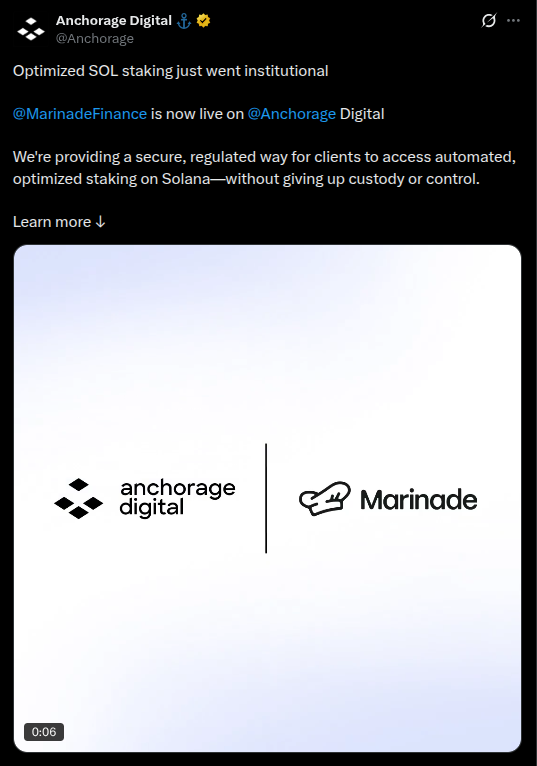 Anchorage Digital X.com post re MarinadeFinance is now live on Anchorage Digital