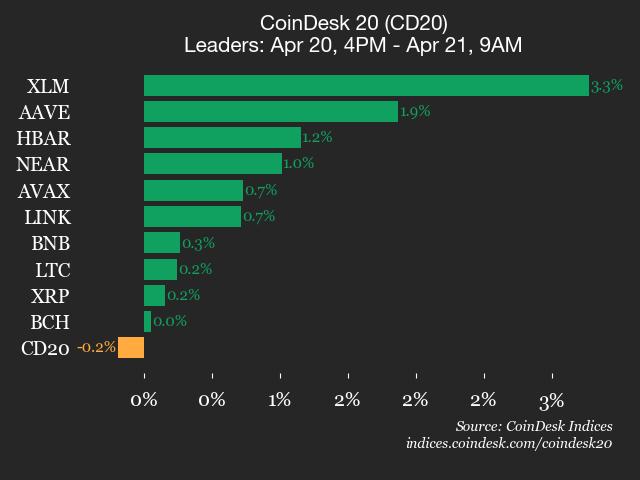 CoinDesk 20 performance update: Stellar (XLM) gains 3.3% while index moves lower