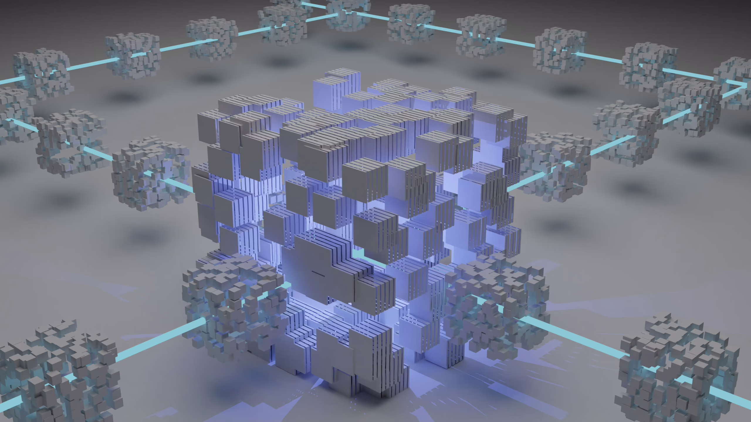 Blocky structures linked by rays of light.