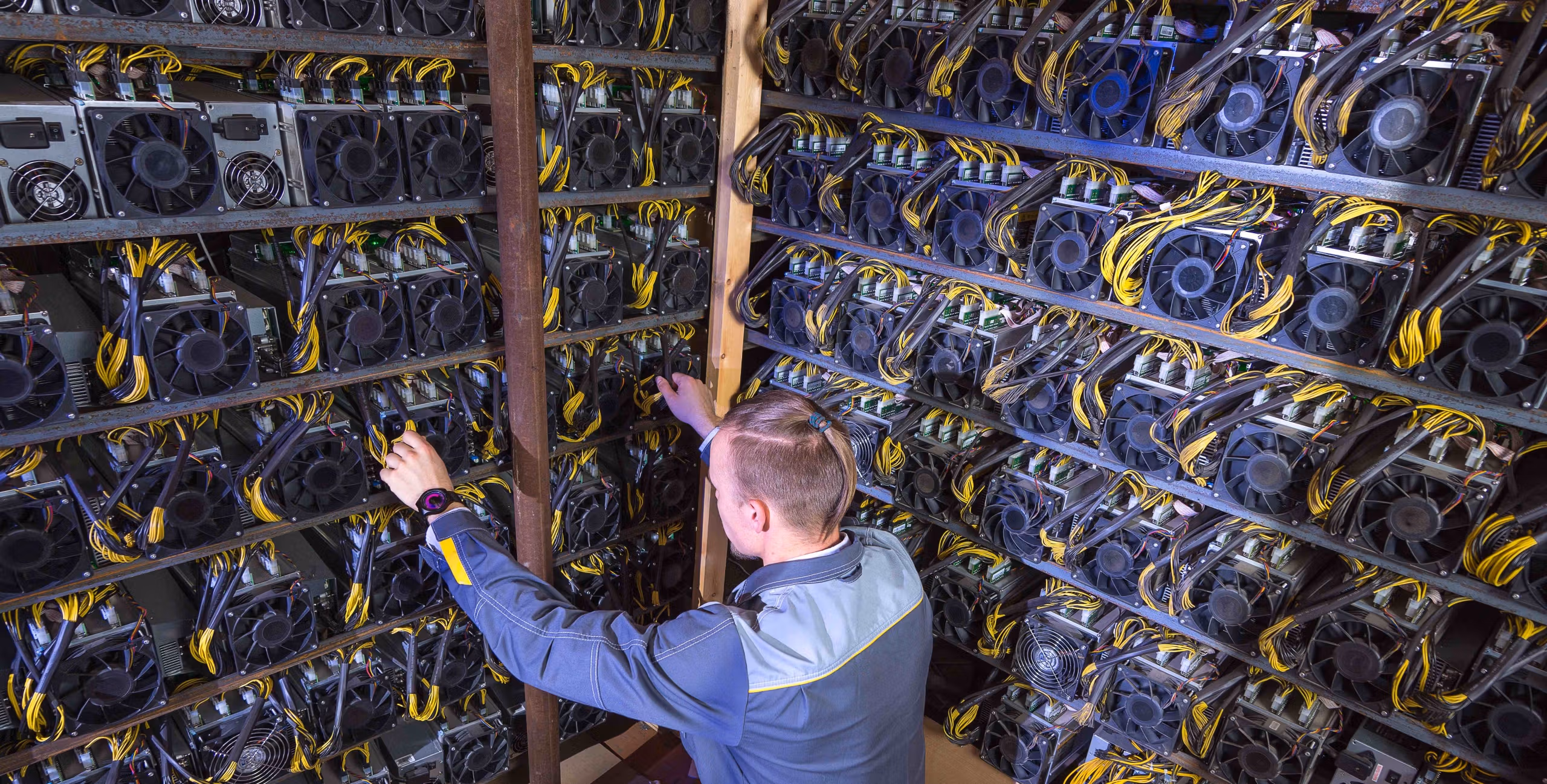 An engineer works with bitcoin mining rigs (Shutterstock)