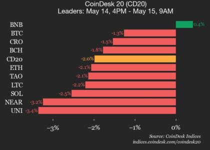 CoinDesk 20 performance update: BNB is only gainer as index drops 2%