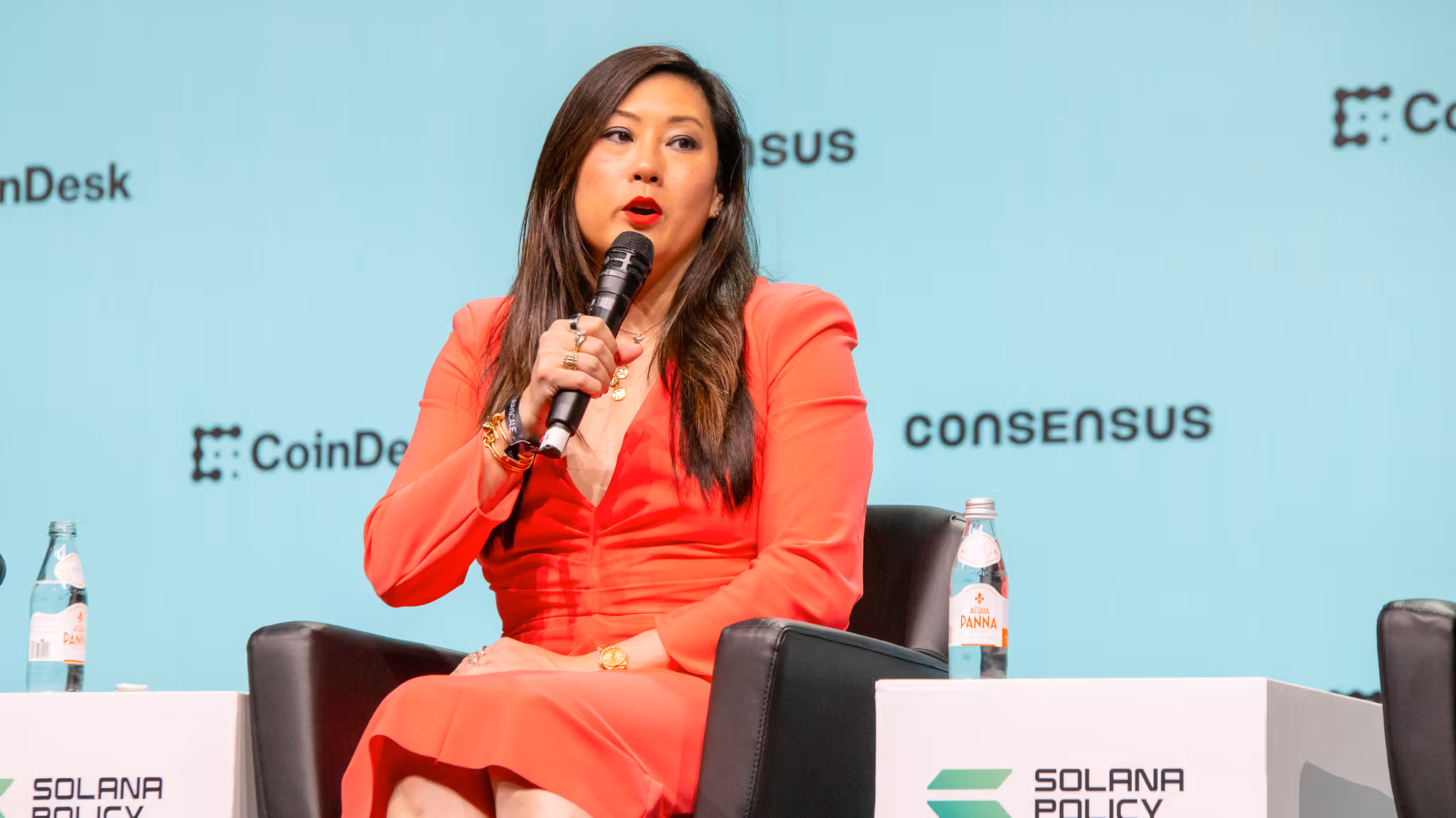 Caroline D. Pham, Head of MoonPay Institutional, speaking at Consensus 2026 in Miami (CoinDesk)
