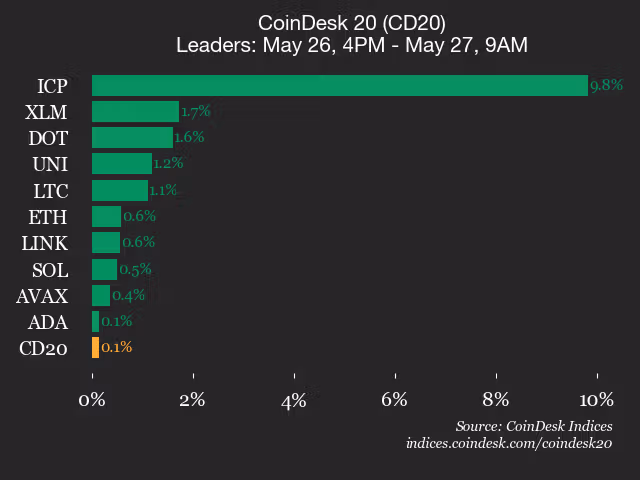9am CoinDesk 20 Update for 2026-05-27: leaders chart