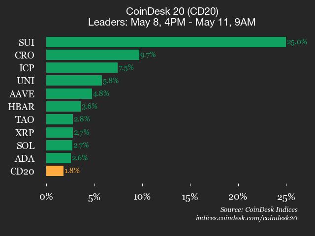 CoinDesk 20 performance update: SUI surges 25% over weekend