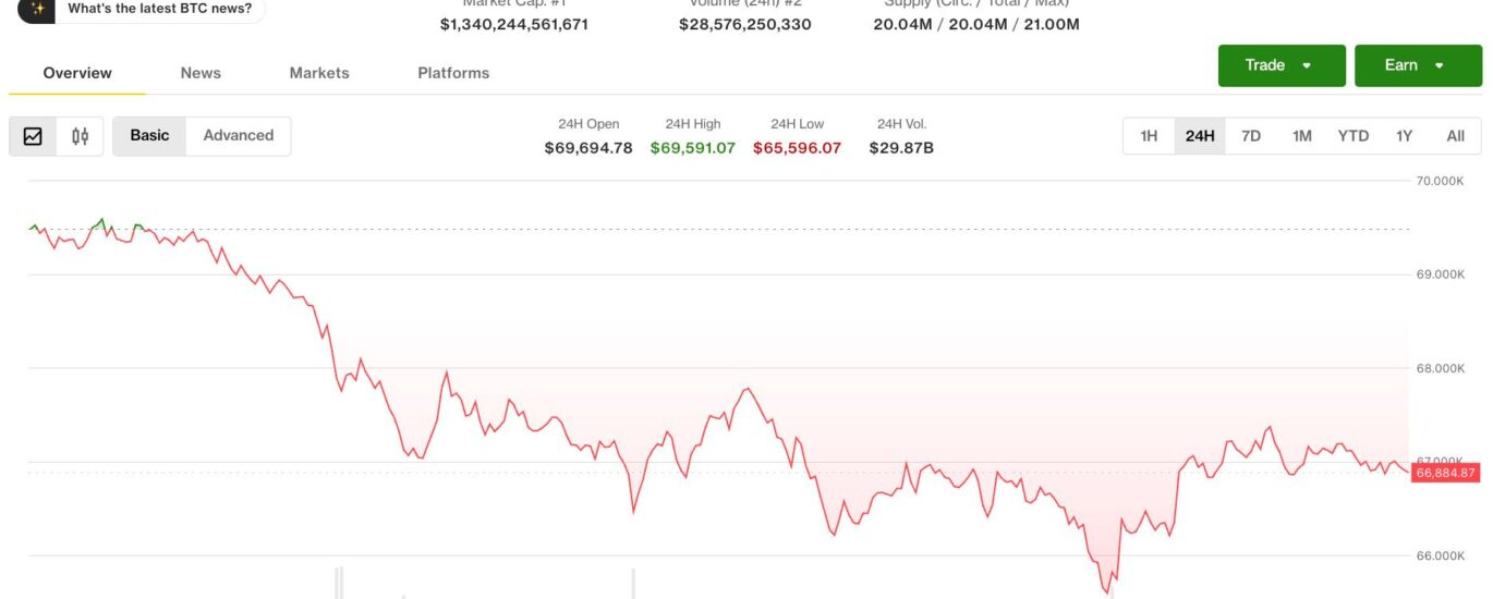 Bitcoin steadies at $67,000, faces critical juncture after sliding 9.5% in seven days