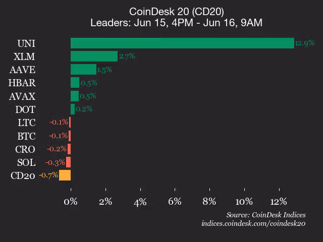 9am CoinDesk 20 Update for 2026-06-16: leaders chart