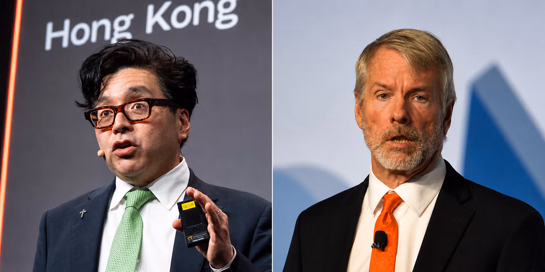 Tom Lee and Michael Saylor at Consensus (CoinDesk)