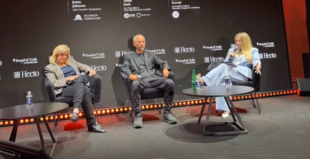 Adam Back and Jenny Johnson (Olivier Acuna/CoinDesk)