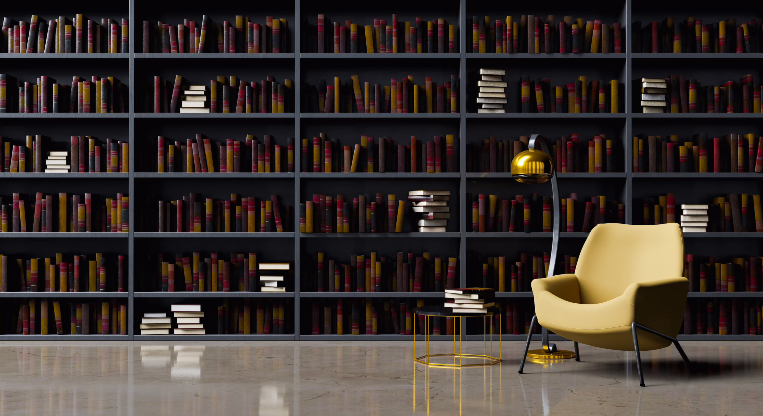 yellow chair and book shelf